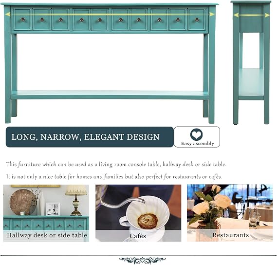 P PURLOVE Console Table Rustic Entryway Table 60 Long Sofa Table with 4 Drawers in Two Different Size and Bottom Shelf for Storage (Turquoise Green)
