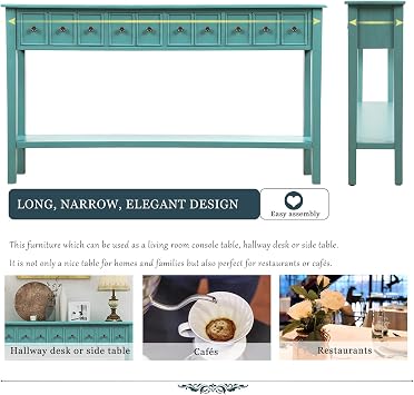 P PURLOVE Console Table Rustic Entryway Table 60 Long Sofa Table with 4 Drawers in Two Different Size and Bottom Shelf for Storage (Turquoise Green)