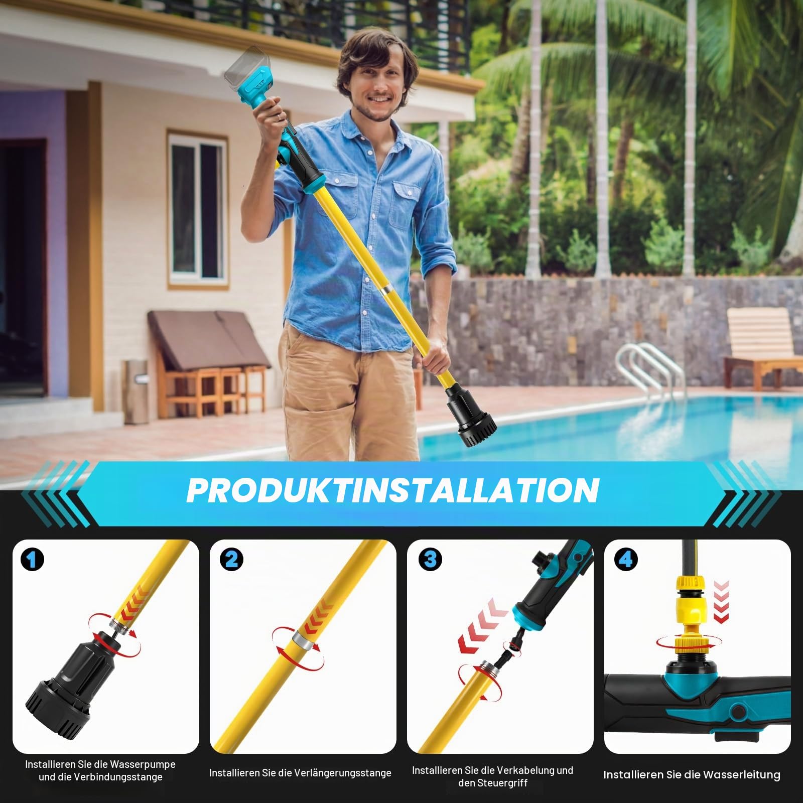Akku Regenfasspumpe, kompatibel mit Makita 18V-Akku (ohne Batterie), 90 l/min Durchfluss, tragbare selbstansaugende pumpe mit 1,5 m Schlauch und Düse, für Pool, Garten, Teich, Fassentleerung