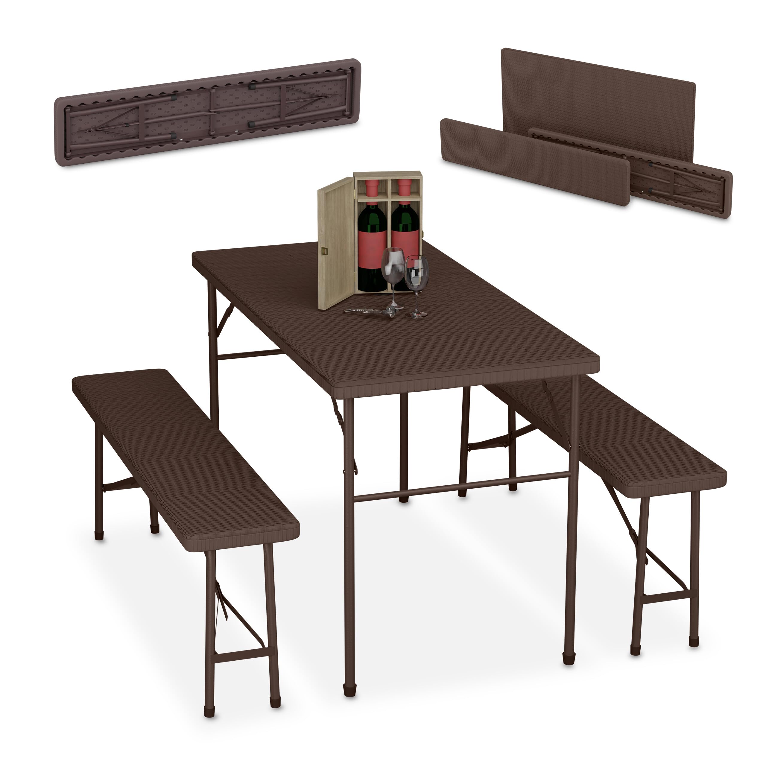 Relaxdays biertafel set, inklapbaar, 3-delig, bierbanken met grote klaptafel, houtlook, kunststof, campingtafel, bruin