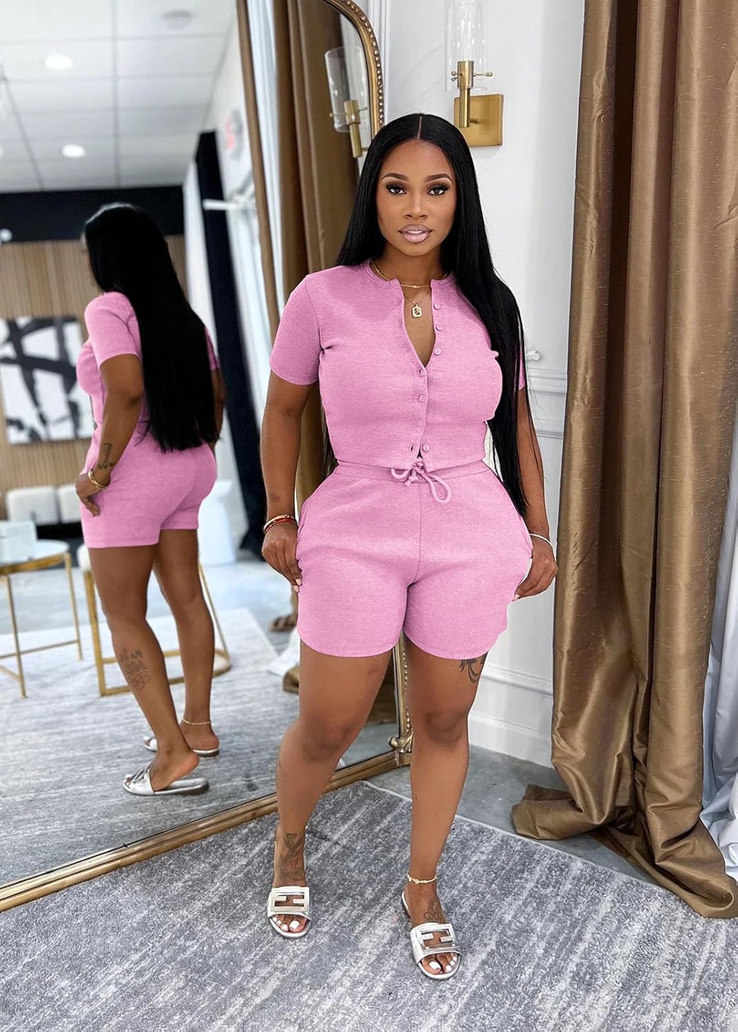 Vssjavun Women's 2 Piece Outfits Ribbed Knit Button Down Short Sleeve Top Bodycon Short Sets Matching Sets Loungewear - Image 4