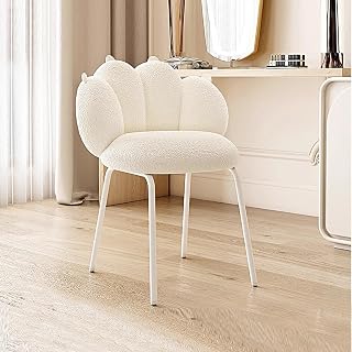 Makeup Vanity Chair, 360° Swivel Chair for Vanity, Lambswool Chairs with Back Support and Metal Legs Dressing Room, Bedroom, Office(White)
