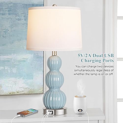 Miniatura 4 de QiMH Juego de 2 lámparas de mesa blancas de 26 pulgadas para dormitorio con puerto USB, lámpara de cerámica moderna con pantalla de lino blanco,