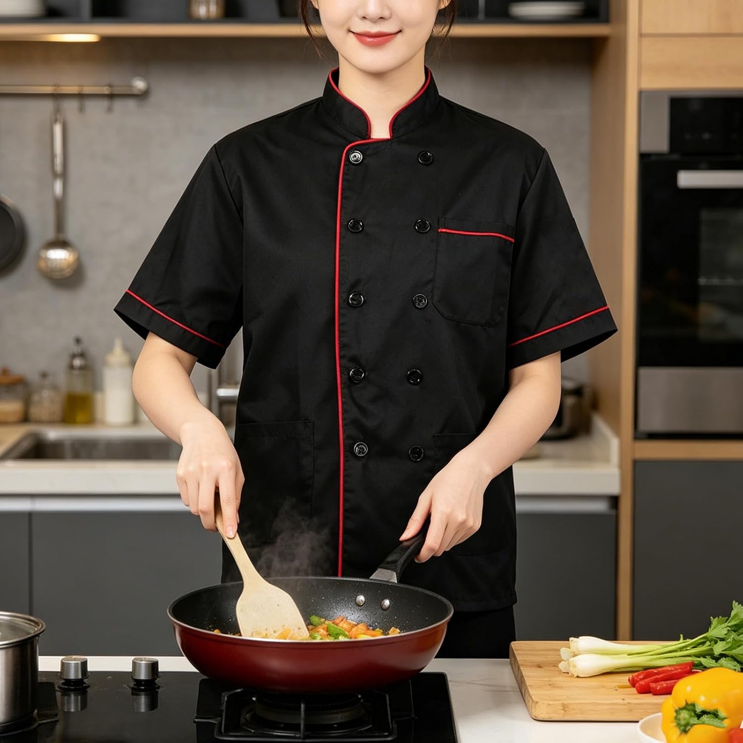 Abaodam Short Sleeve Chef Jacket and Universal Sizing for Men and Women, Lightweight Cotton Material with Double Breasted Front Buttons, Ergonomic Fit for Restaurant and High Temperature