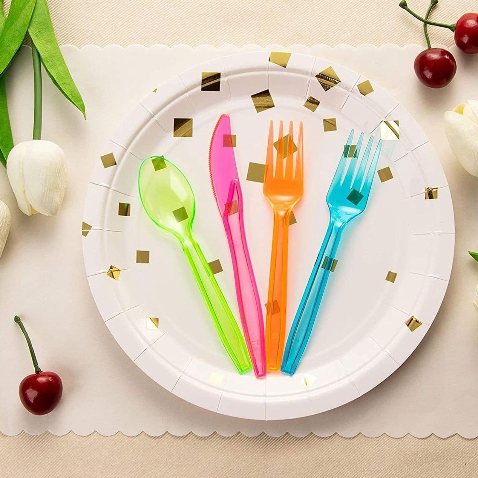 Juvale Rainbow Plastic Silverware Set - 144 Pieces, 6"/6.5"/5.5" Neon Forks, Knives & Spoons - Disposable Tableware & Party Utensils - Colorful Plastic Cutlery for Bachelorette Party Decorations
