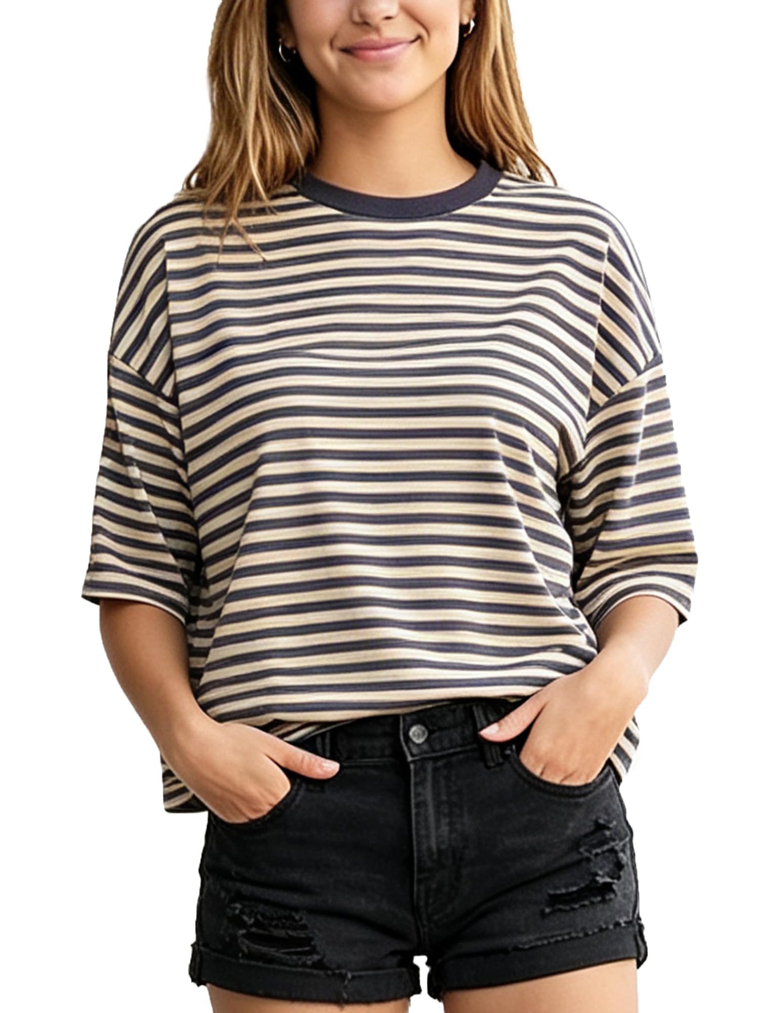 Anuedgis Women Oversized T Shirt Casual Drop Shoulder Loose Fit Stripe Top (A-Dark Blue, L)