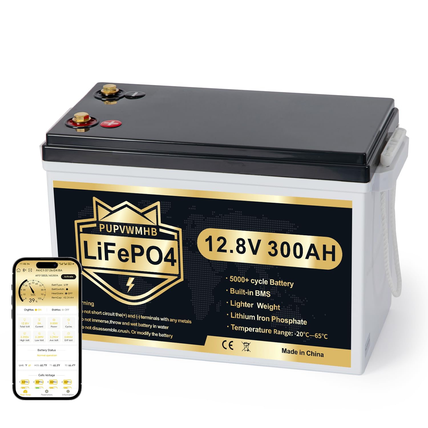 Batterie LiFePO4 12V 300Ah avec Bluetooth, BMS 200A, jusqu'à 15000 cycles, max 3840Wh, protection basse température, cycle profond, design compact, pour camping-car, solaire, moteur électrique