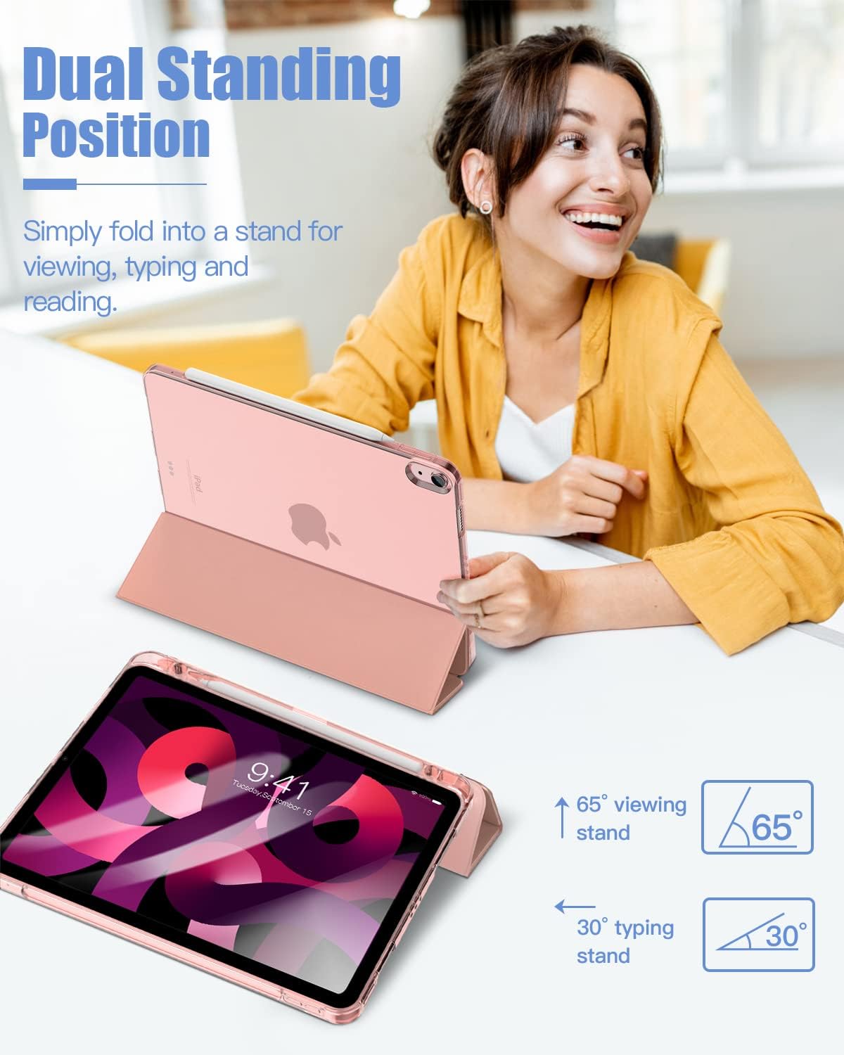 Dadanism iPad Air 5th/4th Generation 2022/2020 Case with Apple Pencil Holder, Soft TPU Translucent Frosted Back Cover Smart Shell for for iPad Air 5/4 Case 10.9 Inch, Auto Wake/Sleep, Rose Gold