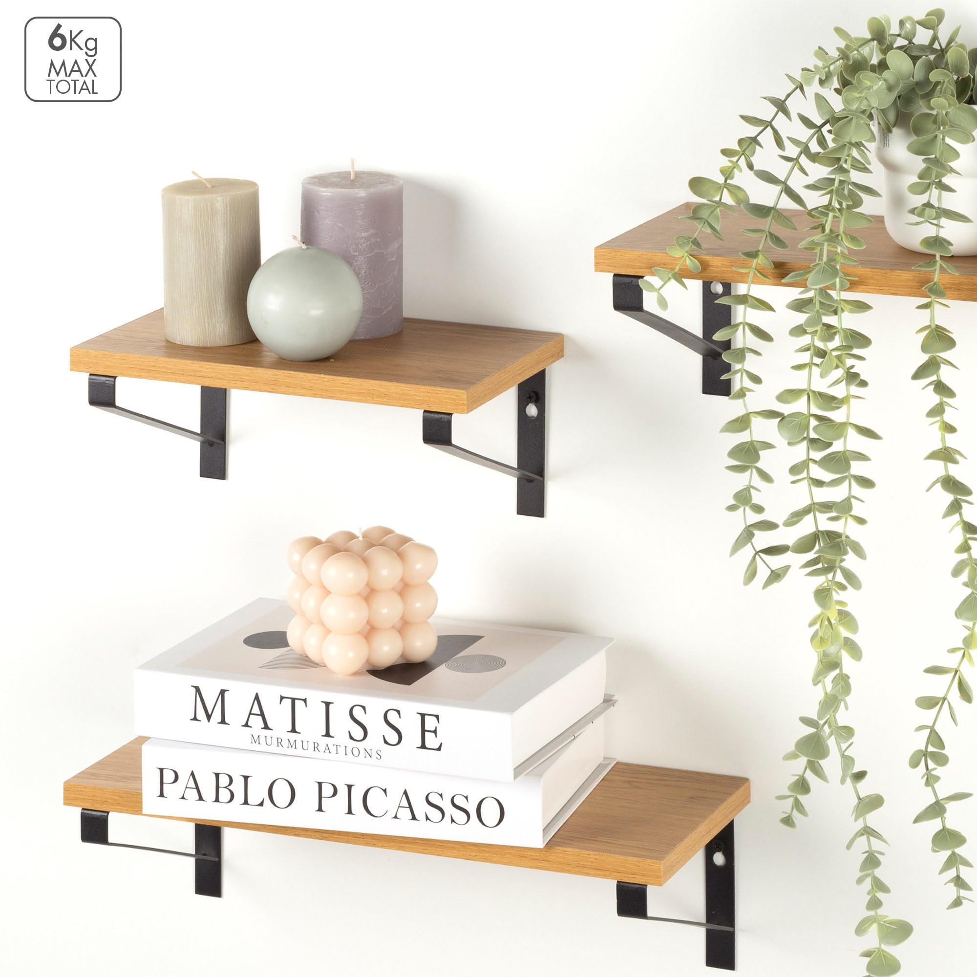 AKTIVE MAX Home Set de 3 estantes de Pared, 42, 34 y 28 cm, Peso máximo 6 kg, con Estructura metálica Negra, Efecto Roble, Decorativa, para salón, Dormitorio, Cocina, Oficina (18484)