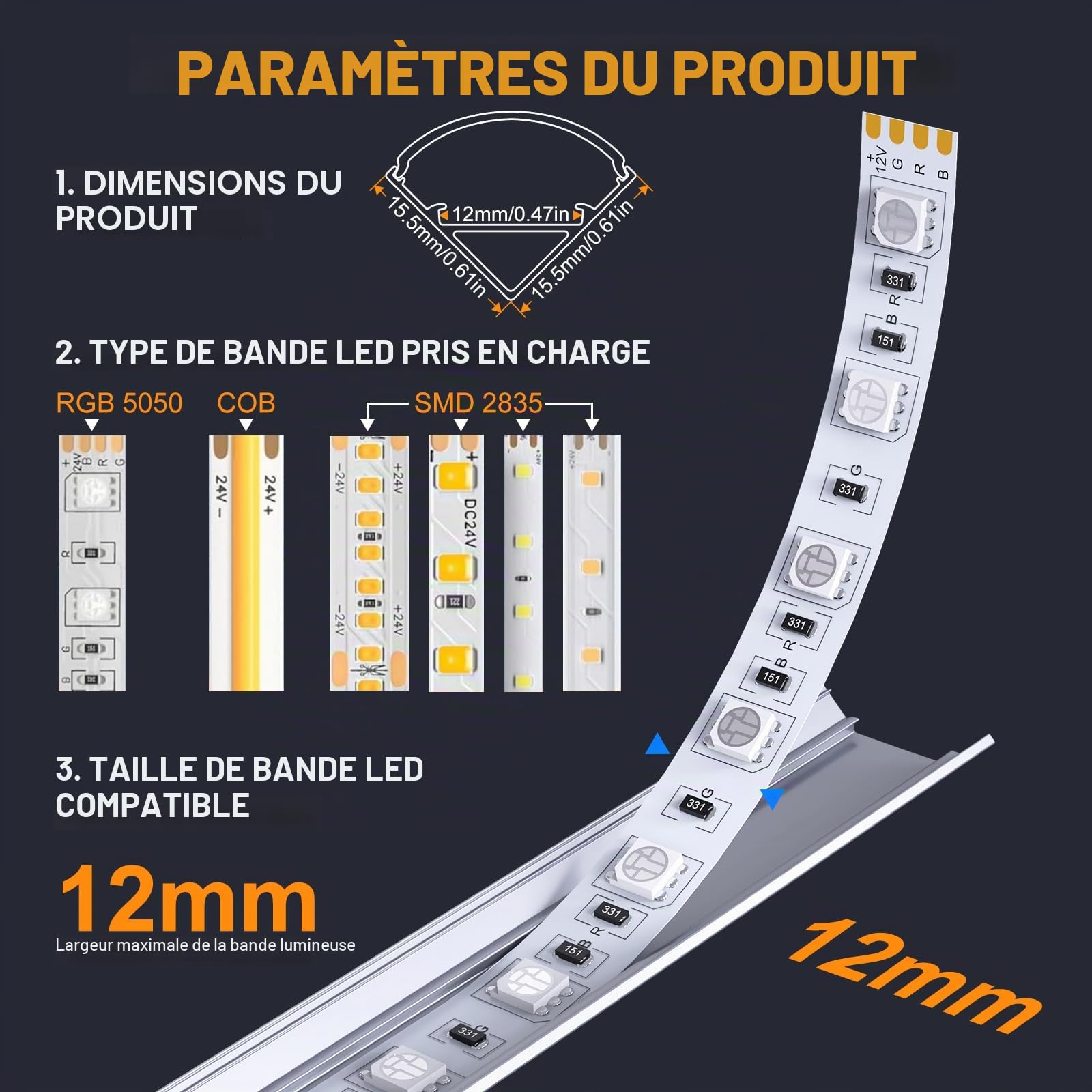 Profilé Aluminium LED V-forme 6x1mètre avec Couvercle Blanc Laiteux, Embouts et Clips de Montage