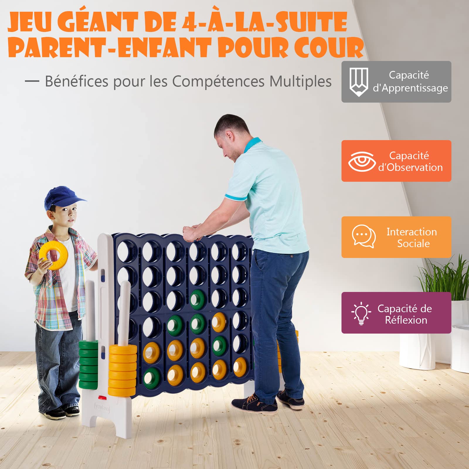 DREAMADE Jeu de Société Puissance 4 Géant pour Enfants 120 x 42 x 104CM avec 42 Anneaux, 4 Shots Géants avec Levier de Réinitialisation du Jeu, pour Réunions de Famille (Bleu Gris)