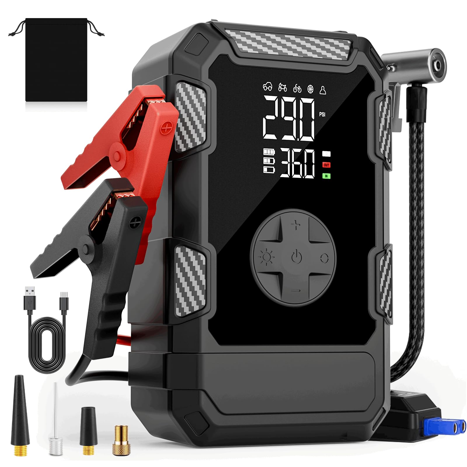 Avviatore portatile per auto da 4000 A, con compressore d'aria, batteria da 12 V con pompa per pneumatici, 150 psi, per motori diesel a gas da 10 l, confezione con batteria con luce LED, accessori per