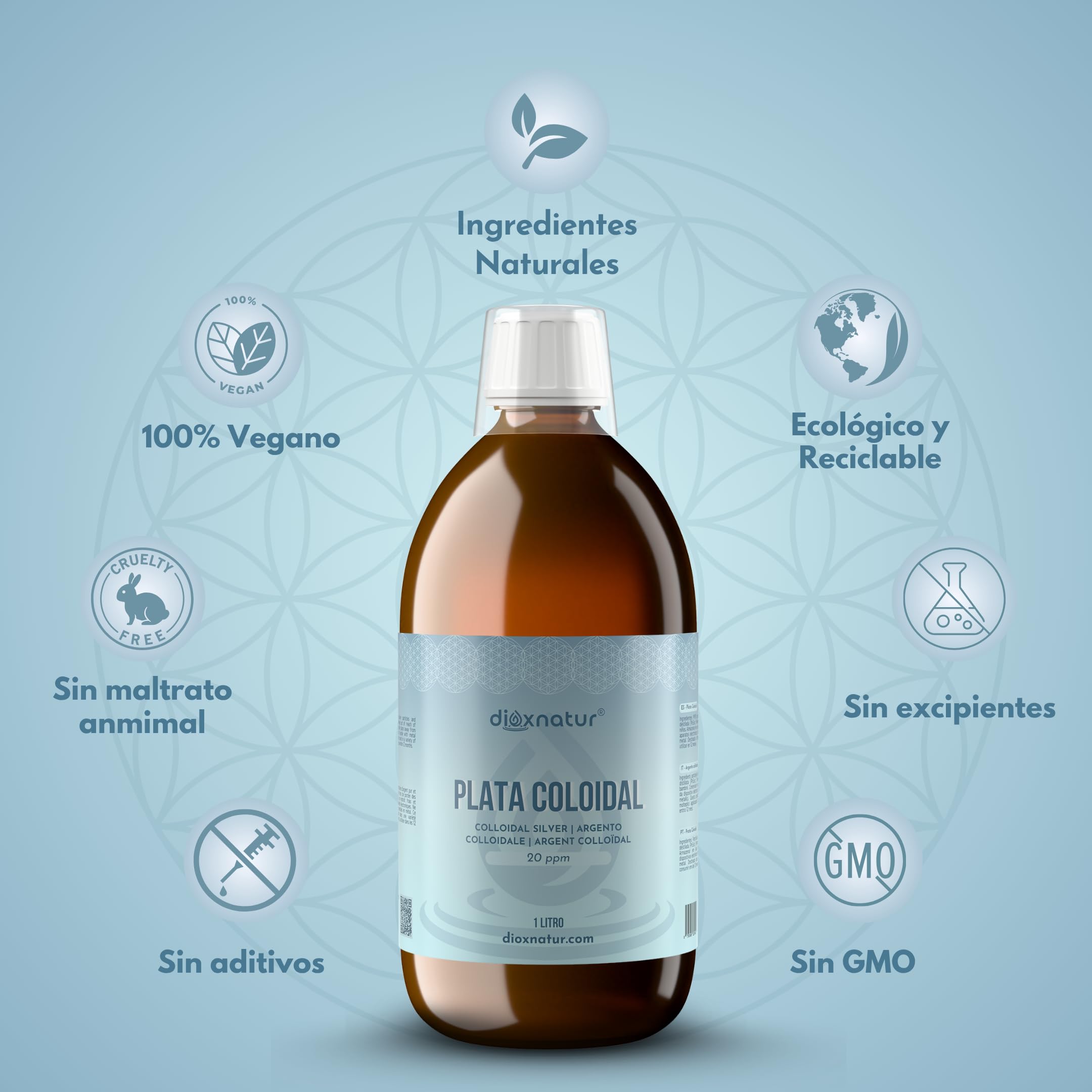 Plata Coloidal 1 L - 20 ppm - 99,99% Pureza - Solución Líquida con Agua Bidestilada - Botella Vidrio Ámbar con Spray y Vasito Medidor