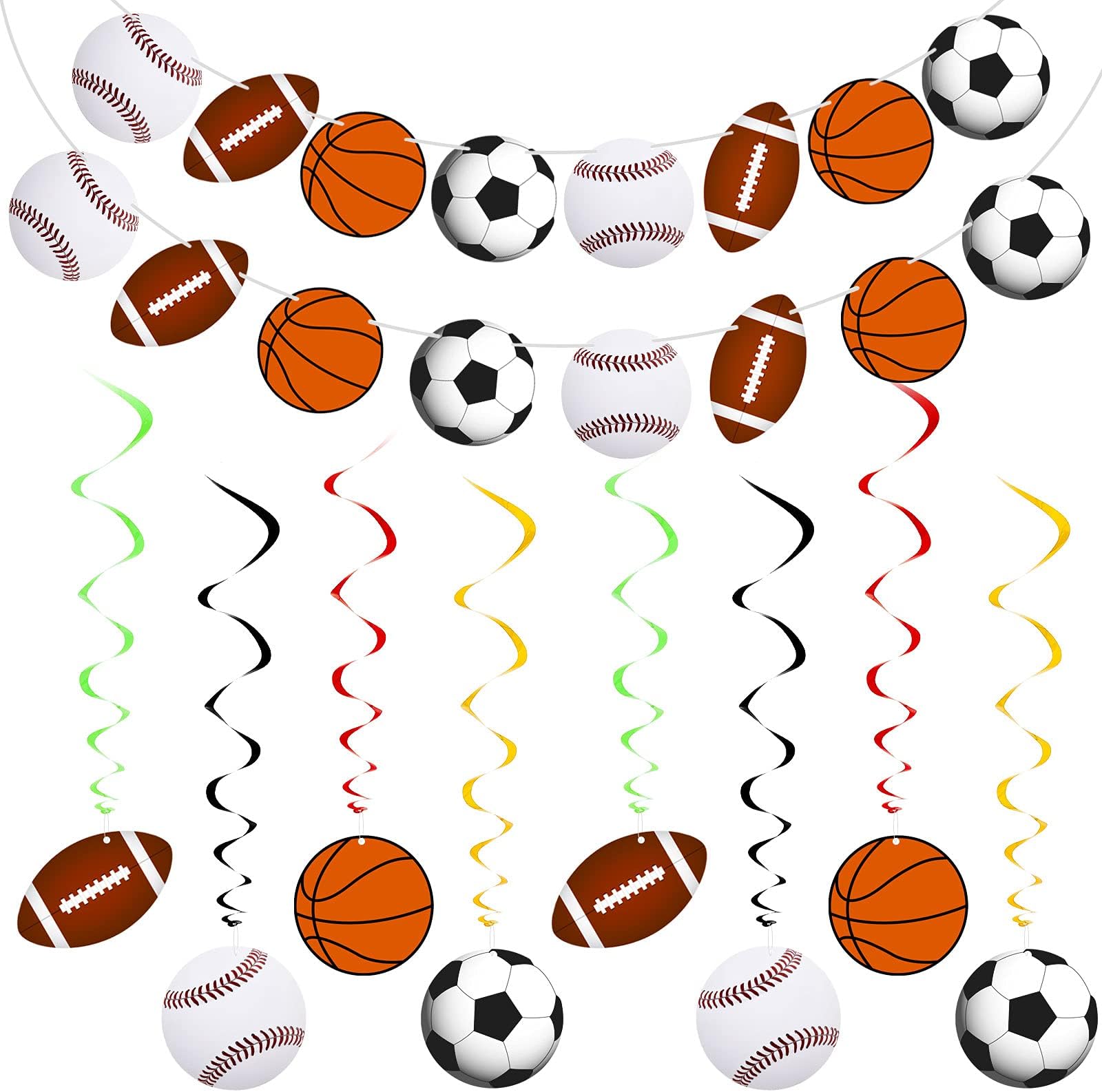 Tenare 2 Pieces Sports Theme Banner and 16 Pieces Hanging Swirl Sports Bunting Hanging Banners Basketball Football Soccer Baseball Paper Garland for Birthday Baby Shower Sports Theme Party Decorations