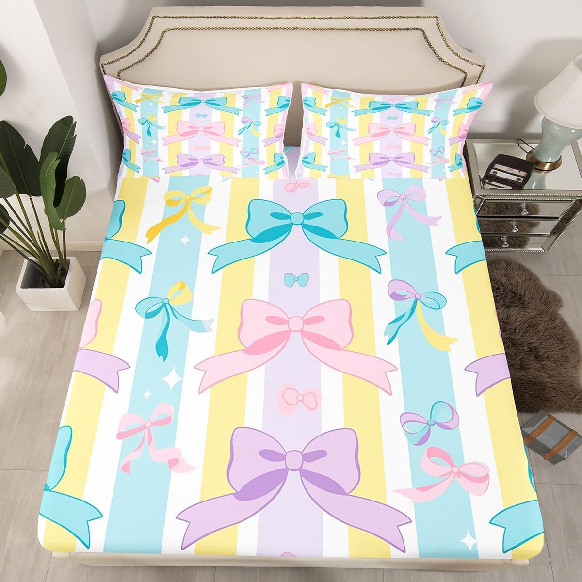 Rainbow Bow Sheet Set Princess Bowknot Twin Sheets Set for Toddler Boys | Watercolor Ribbon Bow Tie Dreamy Colorful Bowknot Fitted Sheet,Kawaii Room Decor Aesthetic