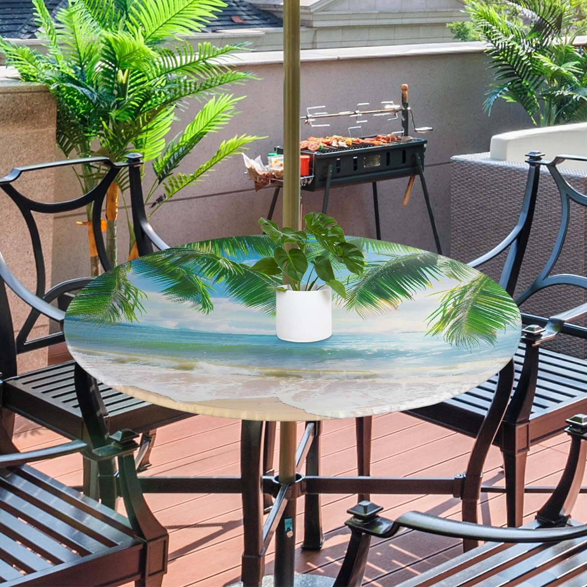 Tropical Beach Coconut Tree Outdoor Tablecloth with Umbrella Hole, Round Elastic Fitted Table Cloth with Zipper, Waterproof Picnic Patio Table Covers Fits 45-56 in Tables
