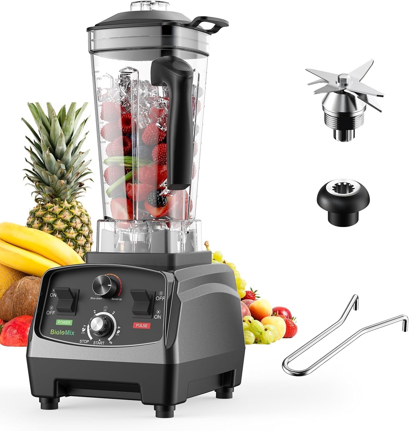 Biolomix 2200W Commercial Heavy-Duty Professional Blender,2L Large Capacity Blending Cup with Stainless Steel Blade & 600ml Grinding Cup BPA-Free Suitable for Milkshakes,Fruits,Baby Food(T5200)