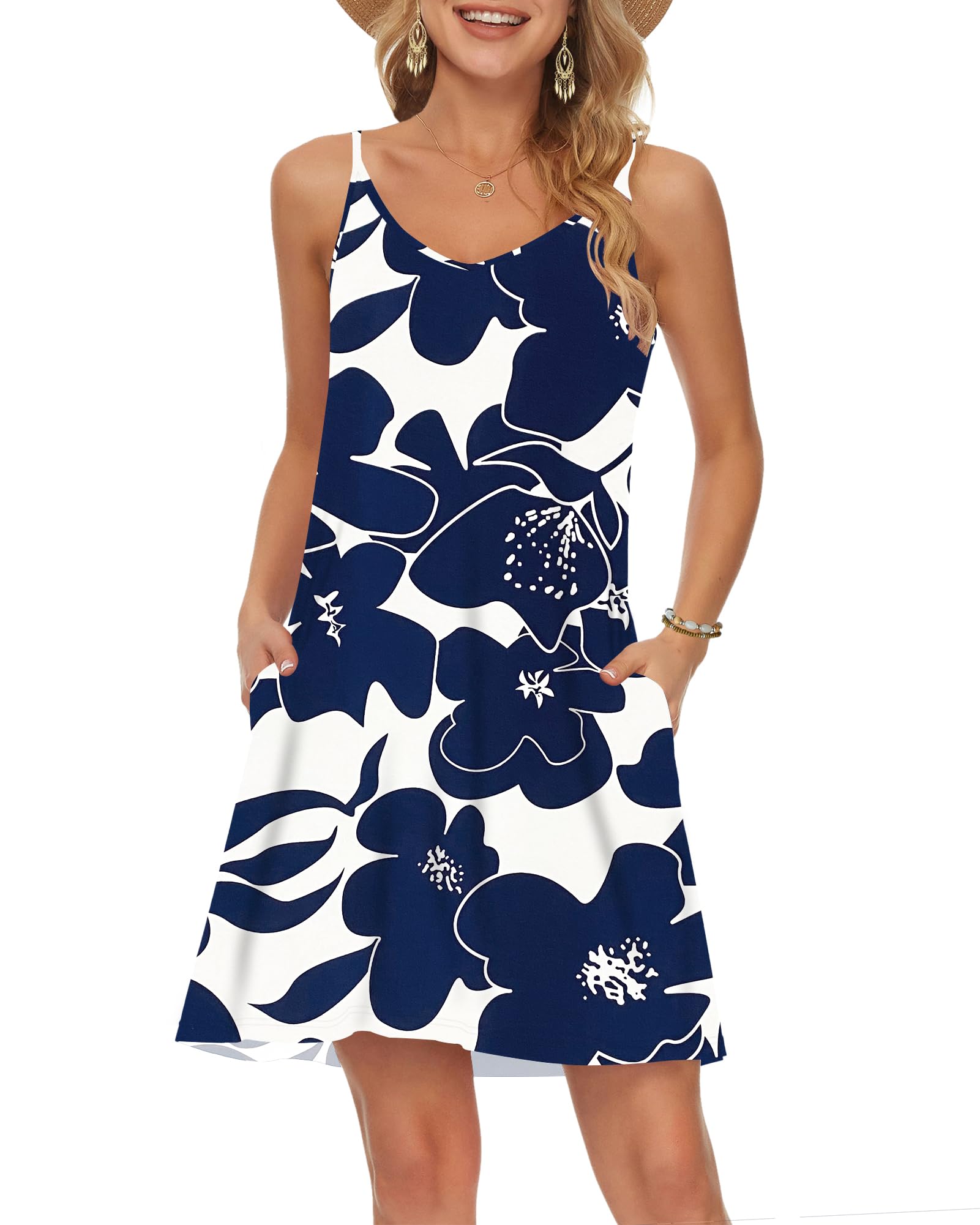 MISFAY Robe d'été de Plage pour Femmes | Sans manches, col en V, poches latérales, ourlet pivotant, longueur au-dessus du genou, lavable en machine