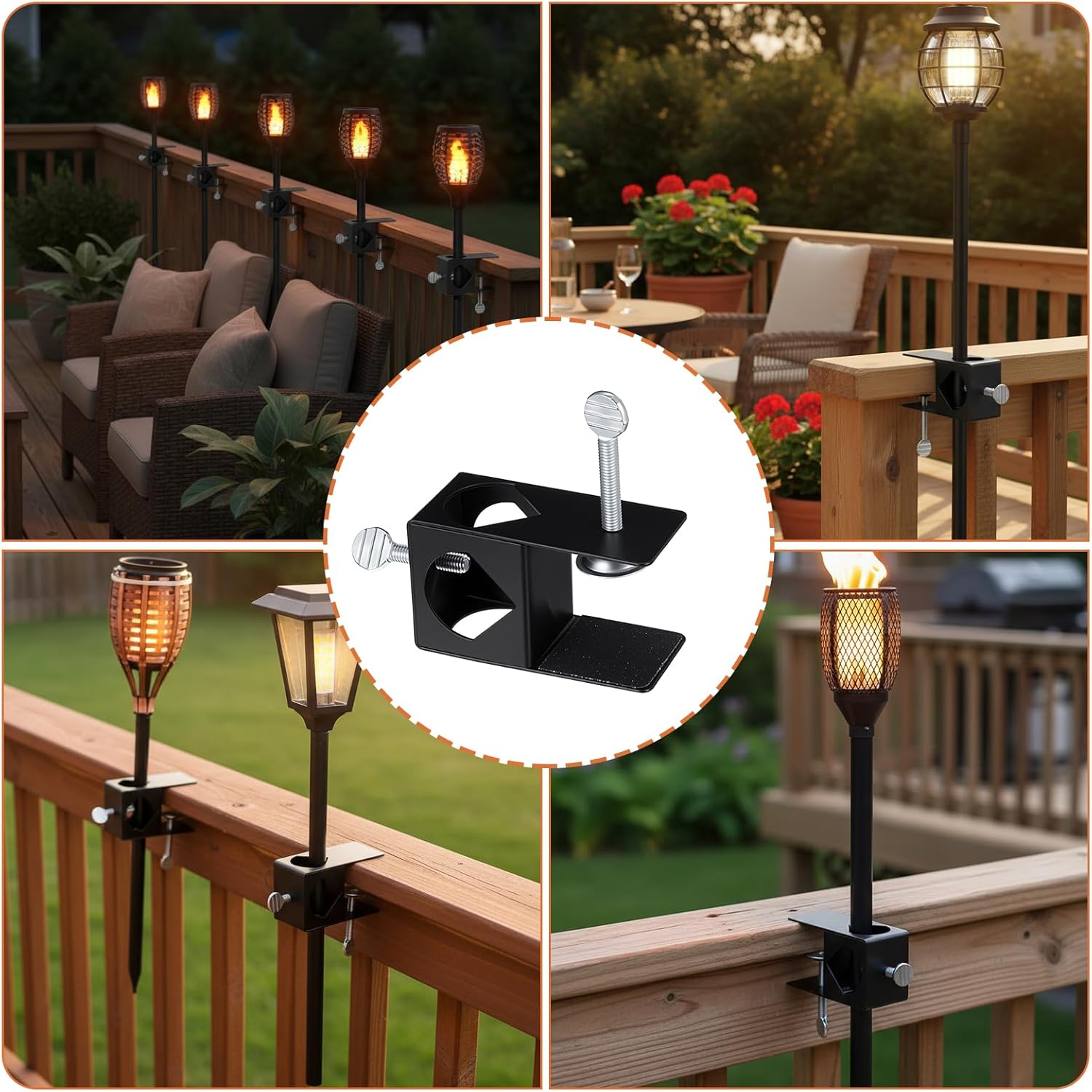 Set of 4 Deck Torch Clamp Outdoor Universal Tiki Torches Bracket Stands Deck Railing Pole Clamps Metal Adjustable Torchs Holder Compatible with Mounting Bracket Poles on Porch Table Bannisteror Fence