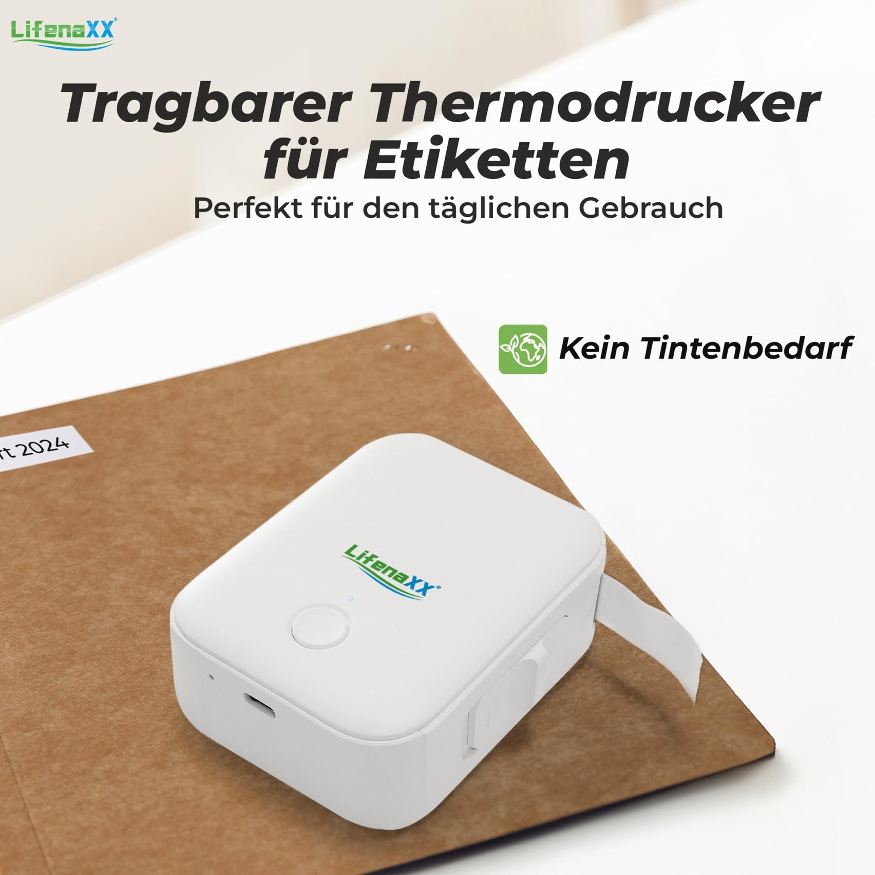 Lifenaxx Tragbarer Thermodrucker mit Etiketten LX-048 - Drahtloses, appbasiertes Drucken, USB-C wiederaufladbar, 1000 Etiketten pro Ladung - Mini-Tintenloser Etikettendrucker für Zuhause & Büro