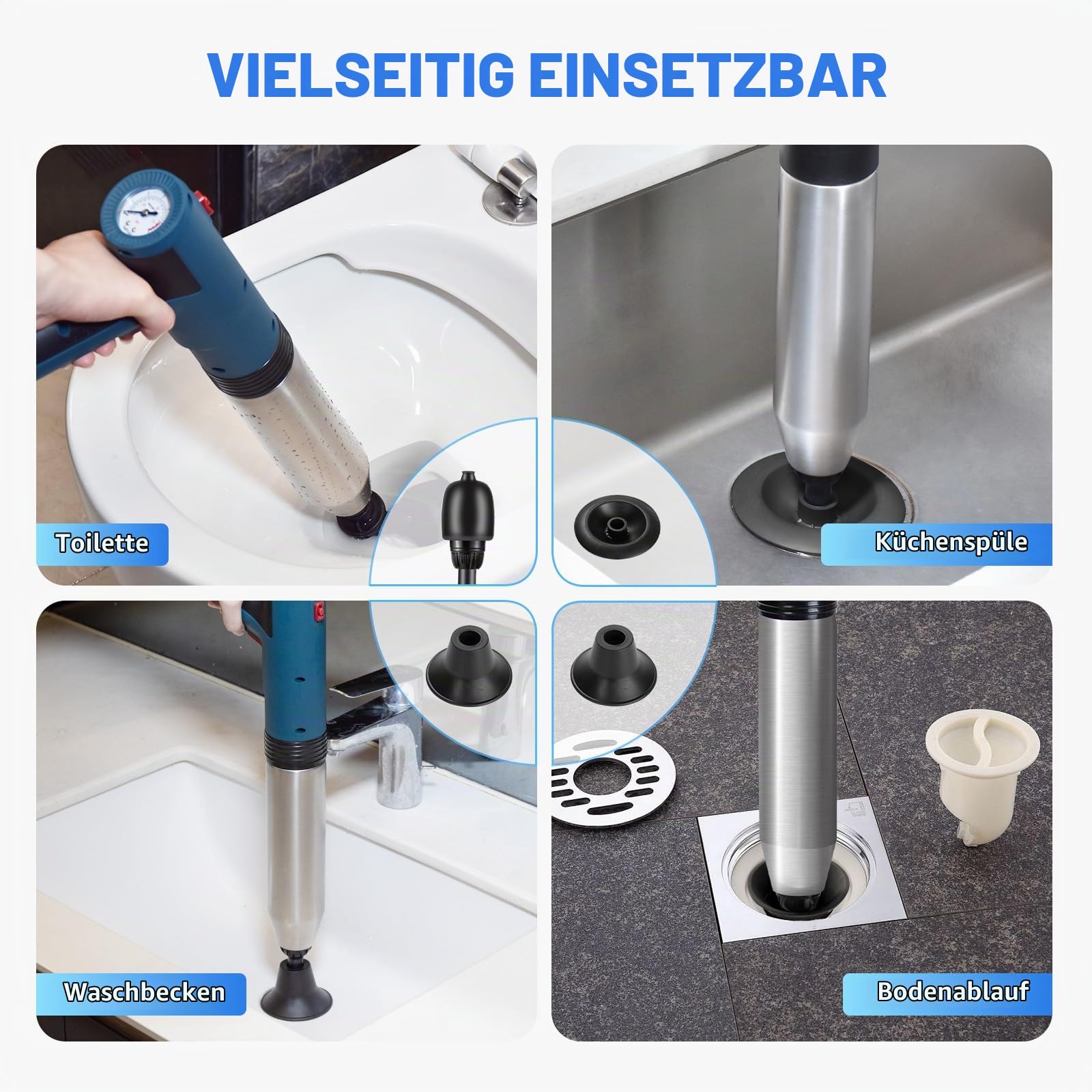 Elektrischer Abflussreiniger Pömpel WC-Saugglocke, mit 360° drehbarem Kopf, Strapazierfähig Vielseitiger Toilette Pömpel mit 3 austauschbaren Köpfen für Toiletten/Badewannen/Waschbecken/Kanalisatio