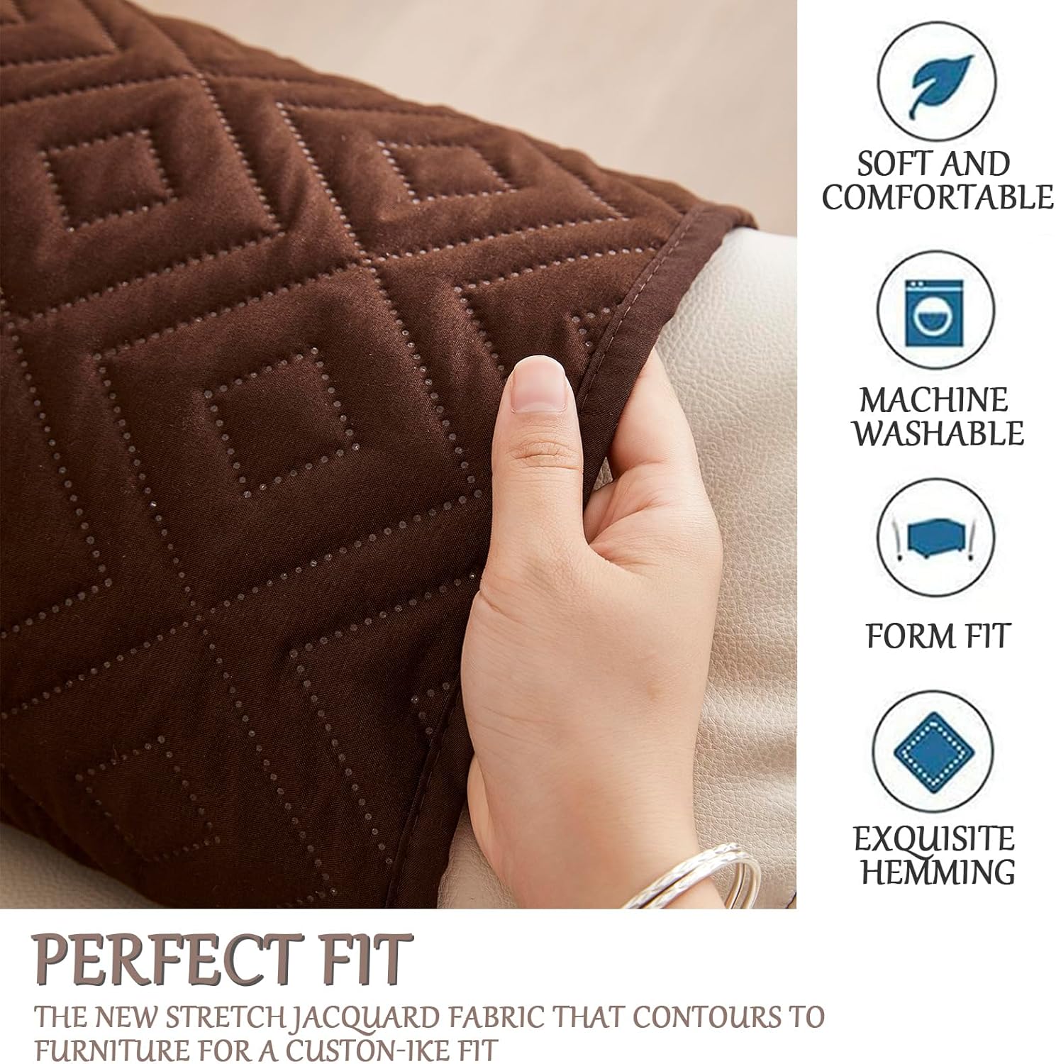 Sofa Armrest Cover, Headrest Cover for Recliner Chair Arm Cover, Armchair Slipcover with Pockets, Nonslip Quilted Furniture Protector for Pets Leather Sofa Couch (Coffee,3 Seater(5pcs))