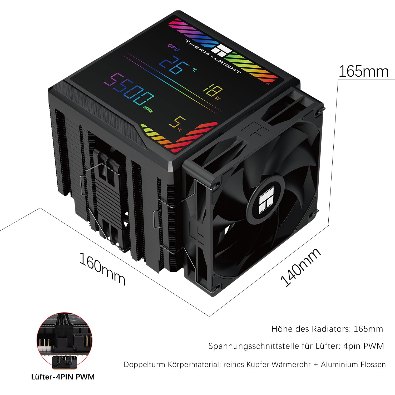 TR-Thermalright Peerless Assassin 140 Digital Black CPU, doble torre con 6 heatpipes, ventilador de doble CPU, 1850 rpm, cubierta superior de placa de pantalla digital magnética, para AM5/LGA1851