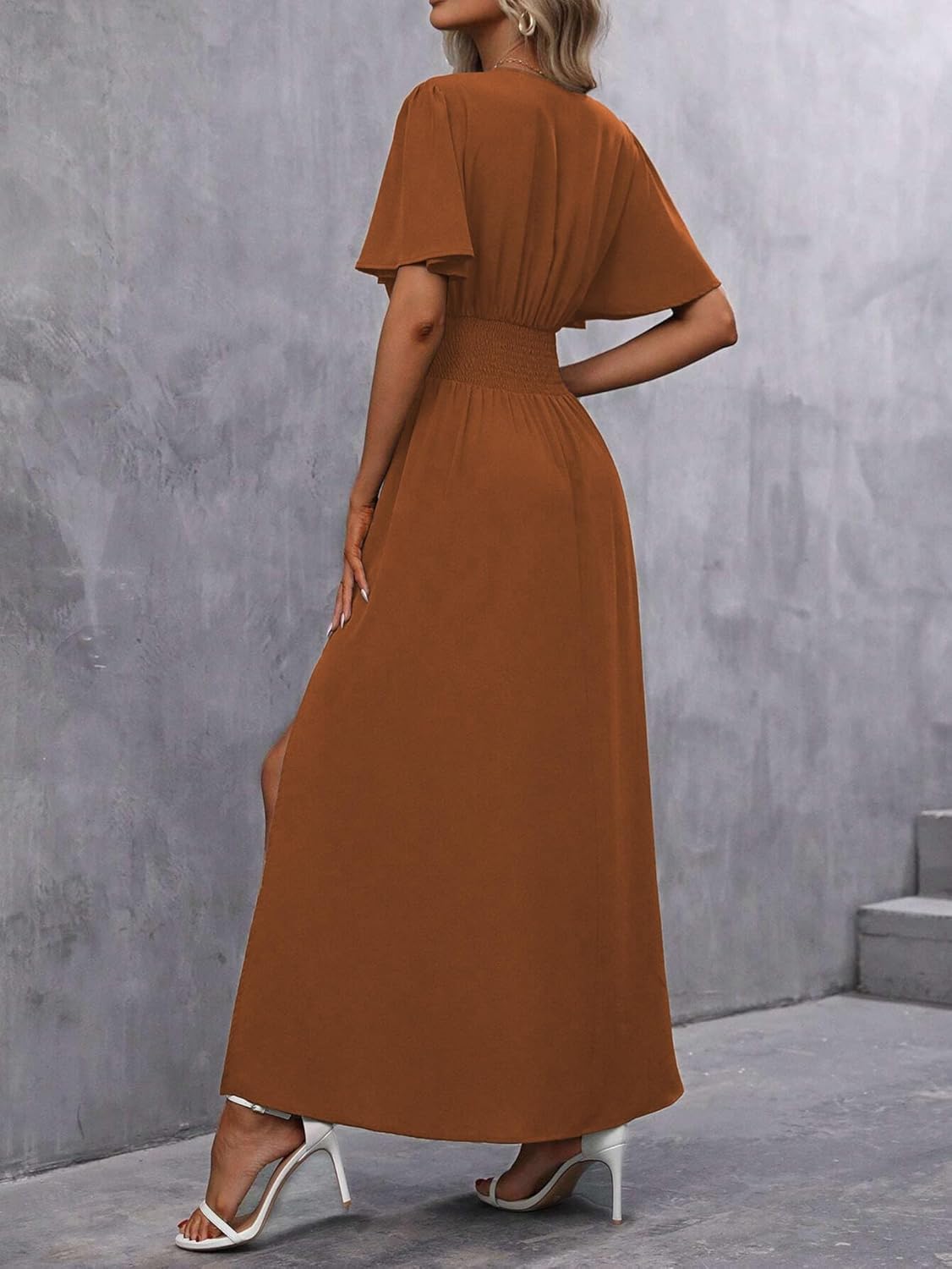 Women's Deep V Neck Maxi Dress Summer Ruffle Short Sleeve Slit Long Dress - Image 4