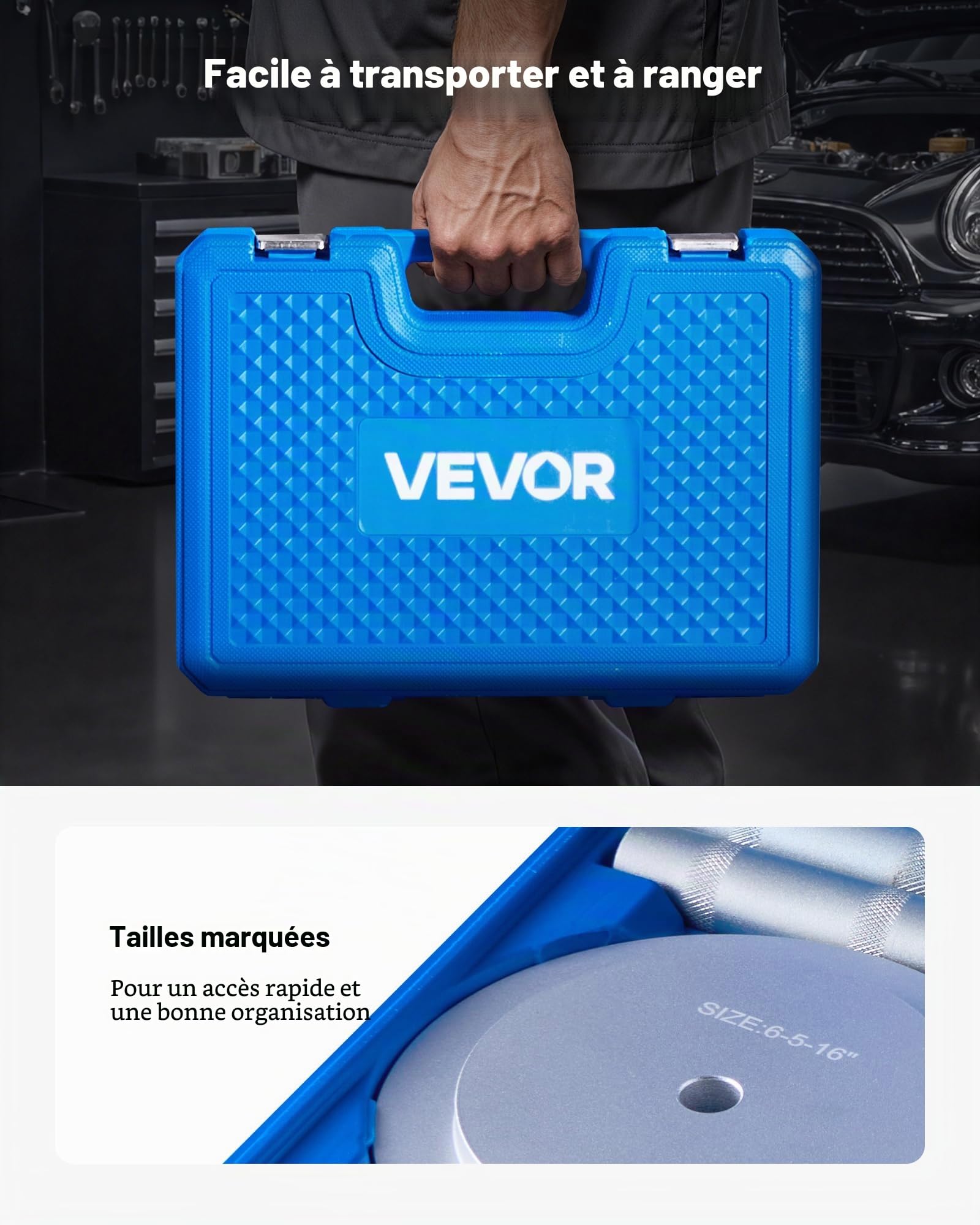 VEVOR Kit de Presse à Roulements 7 Pièces, Coffret d’Outils de Démontage et de Montage de Bagues et Joints de Roulements, avec 5 Bagues, Axes de Poignée et Rallonge, pour Entretien Automobile