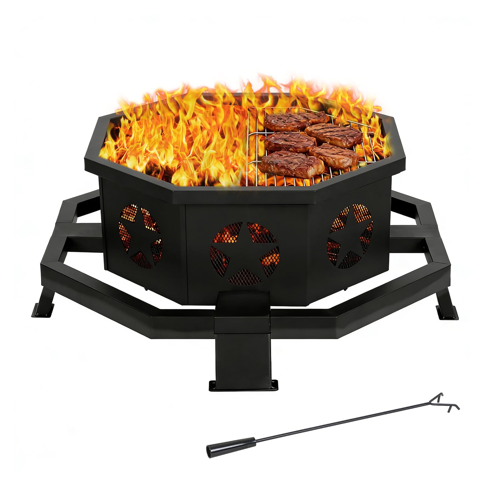 Hykolity 31 Inch Fire Pit, Octagonal Outdoor Fire Pit, 2 in 1 Wood Burning Fire Pits with Cooking Grill