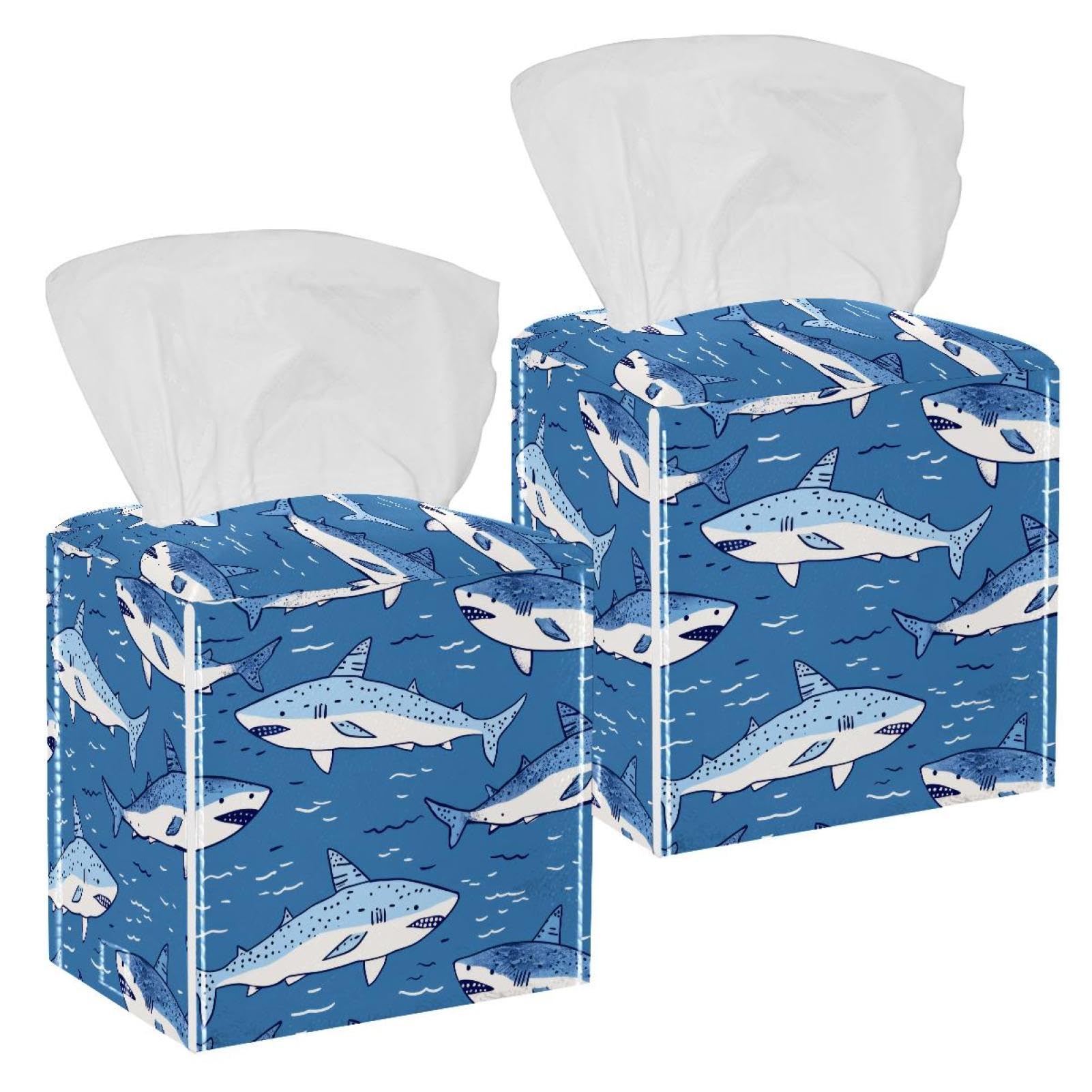 Sharks Tissue Box Cover, 2 Pack PU Leather Square Facial Tissue Dispenser Box holder for Home Office Car