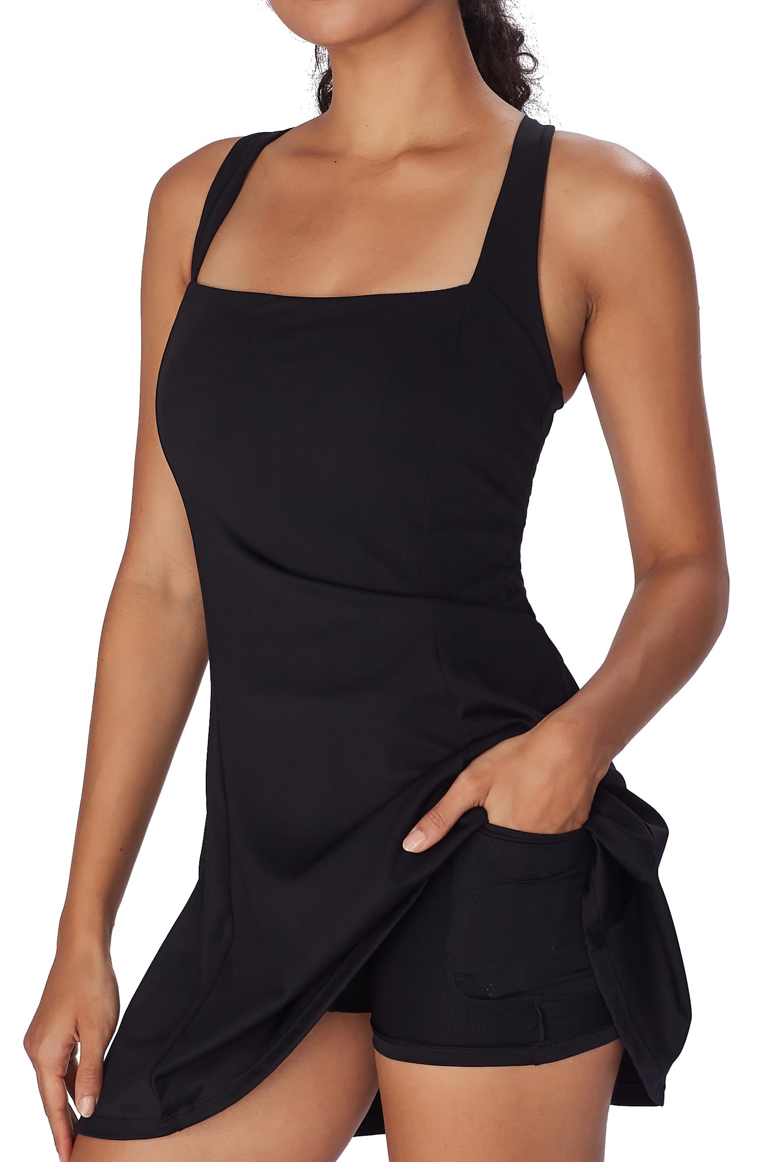 Womens Tennis Dress Square Neck Bodice Dress Sleeveless Built in Shorts Golf Athletic Dress Black