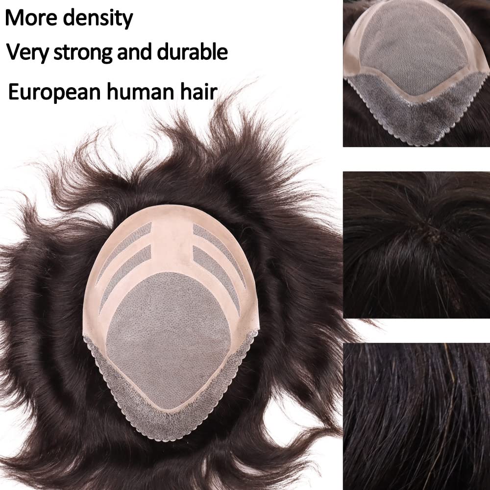 Men's Hairpiece Human Hair Replacement Systems Toupee for Men Thin Skin with Mono Lace Top and the Durable PU Back 10x8inch Medium Density Free Style Natural Black Color