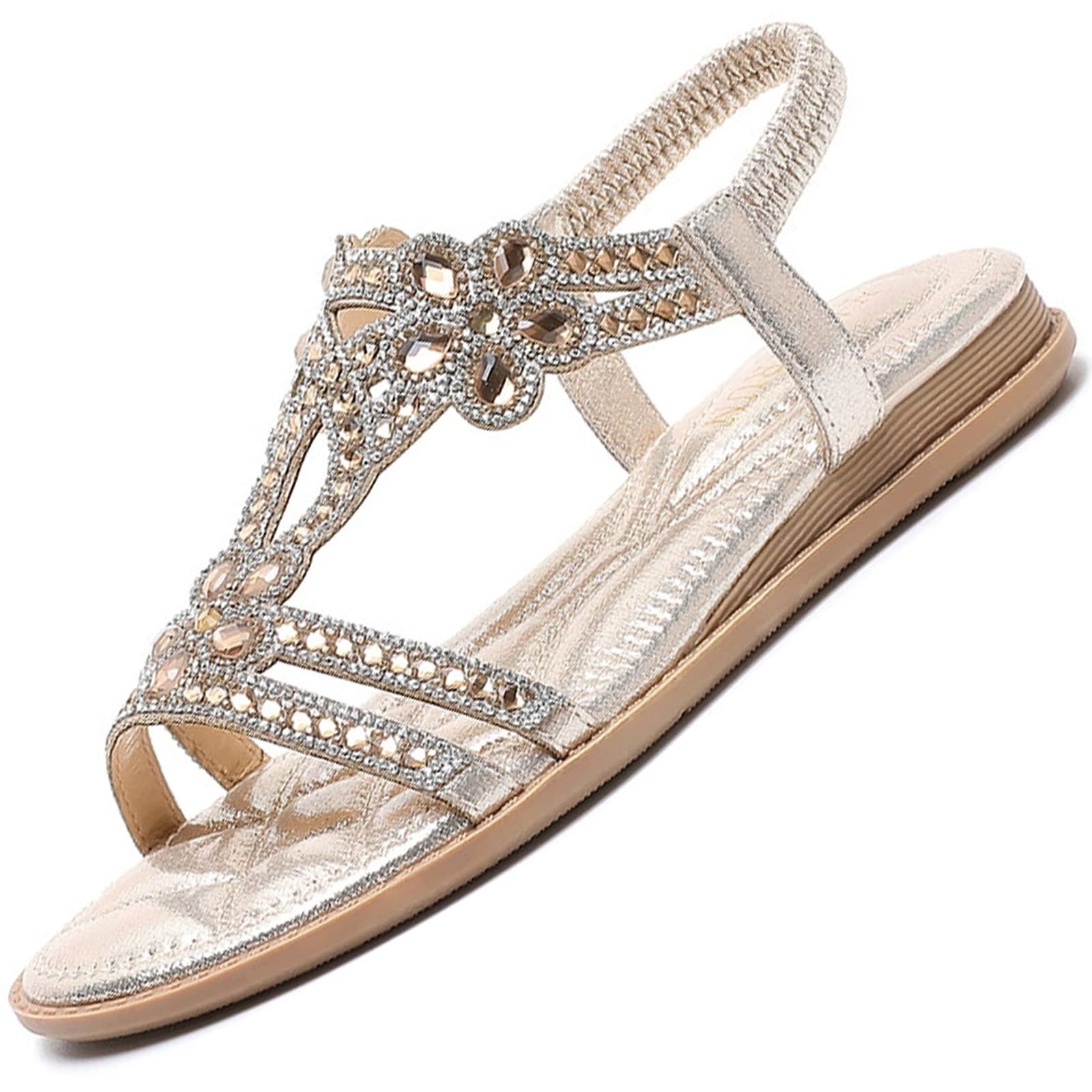 Sandalias de diamantes de imitación para mujer, de verano, elegantes, informales, cómodas, con puntera abierta, sandalias planas para boda con correa elástica en el tobillo