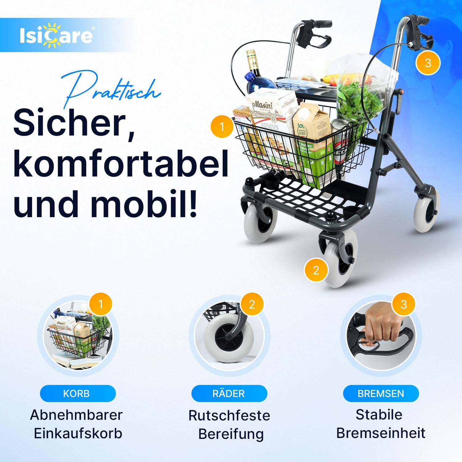Rollator, leicht und ergonomisch, Gehhilfe mit höhenverstellbaren Griffen, extra breiten Reifen, Stabilität auf allen Untergründen, nur 8 Kg, Stockhalter und geräumiger Korb, Innen und Draußen
