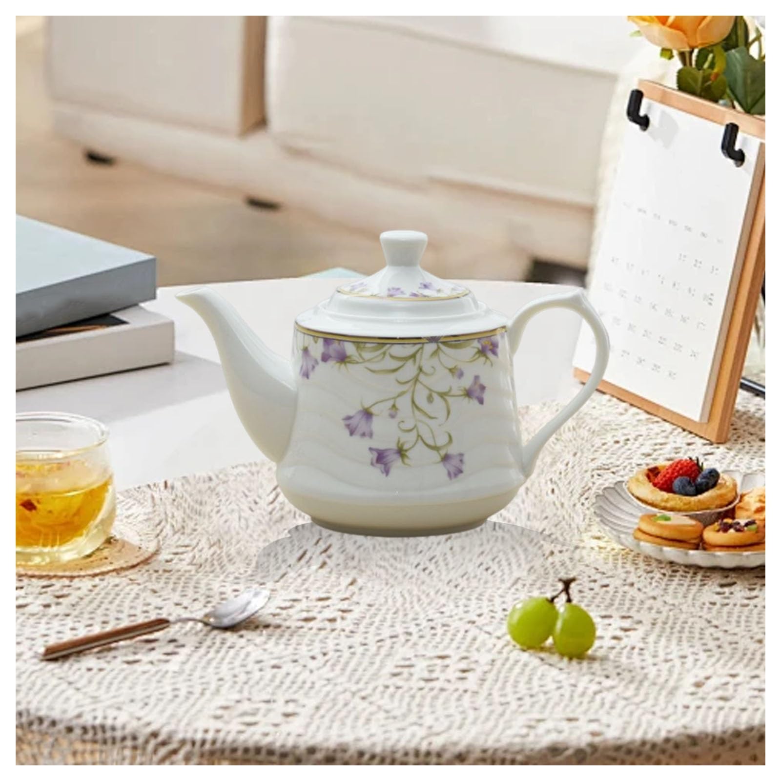 Porcelanowy czajniczek w stylu vintage, odporny na wysokie temperatury, zestaw do herbaty, popołudniowa herbata, dzbanek do kawy, do biura, domu, ze złotym brzegiem, pojemność 1000 ml