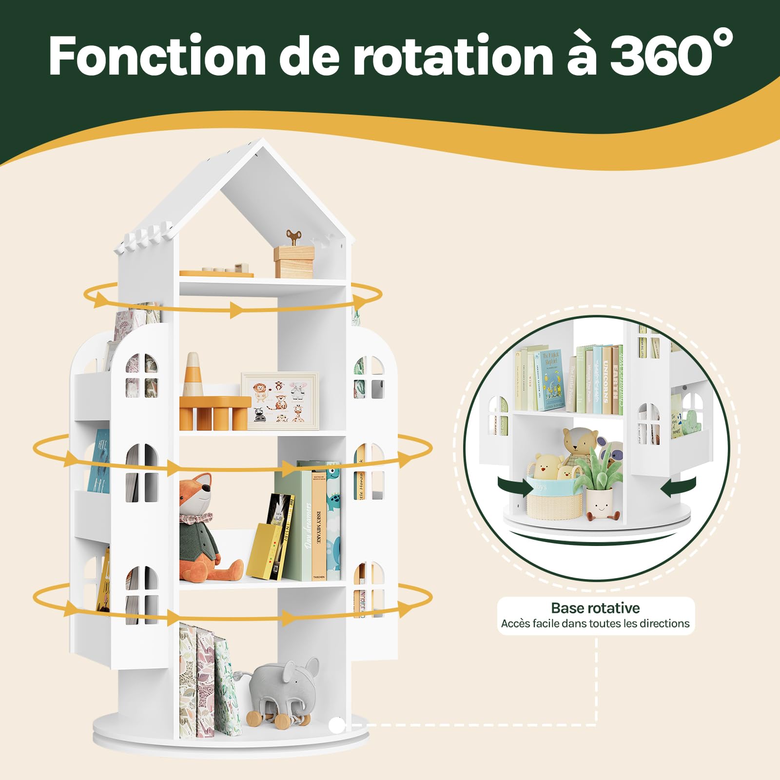 WOLTU Bibliothèque pour Enfants, Étagère Rotative à 4 Niveaux, Meuble de Rangement pour Jouets avec 13 Compartiments, Bibliothèque Blanche en Forme de Maison, 63x59x125cm