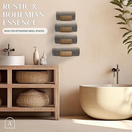 Miniatura 6 de Juego de 4 toalleros para pared de baño, moderno toallero de pared de bambú para toallas enrolladas, resistente toallero de madera colgante que
