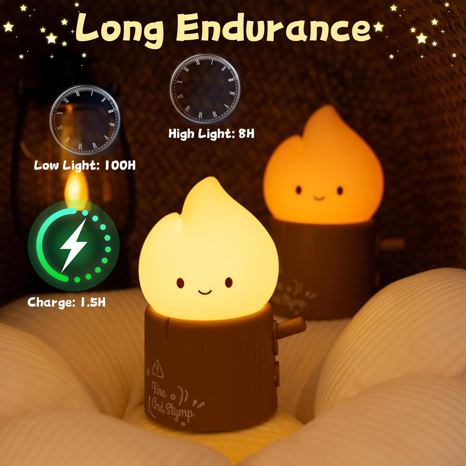 Flameless Candles Night Light, Cute Flame Stump Lamp with Flickering & Steady on Modes, Stepless Dimming Halloween Night Light for Kids, Rechargeable Nursery Lamp Gifts for Boys and Girls (Flame)