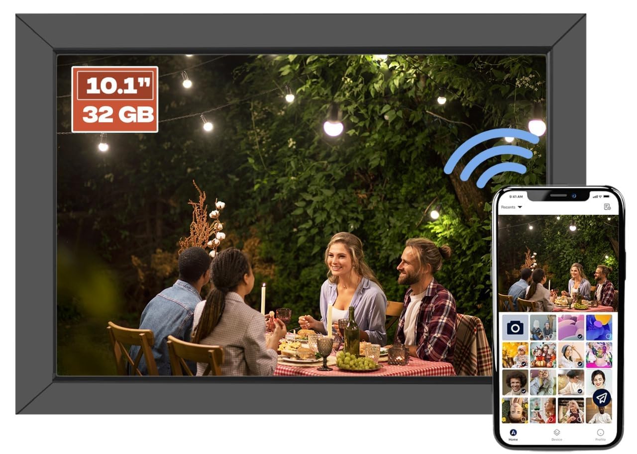 PICCASIO™ 10.1 Inch Digital Photo Frame, IPS Touch Screen, Smart WiFi, 32GB Storage, Perfect for Displaying Photos - Frameo Digital Picture Frame (32-GB)