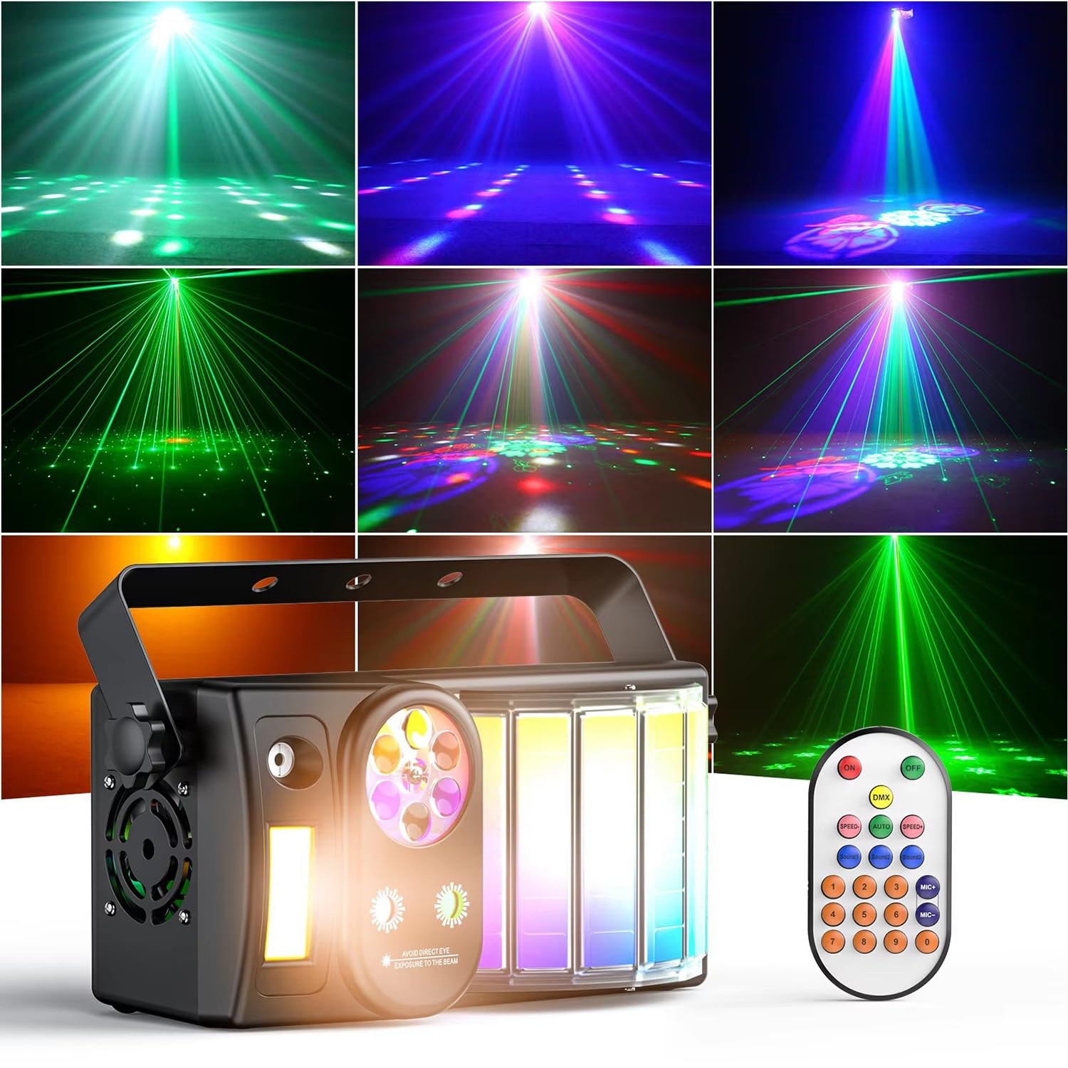 Lumières disco DJ 5 en 1 avec LED bee eye effet derby stroboscope et motifs pour scène