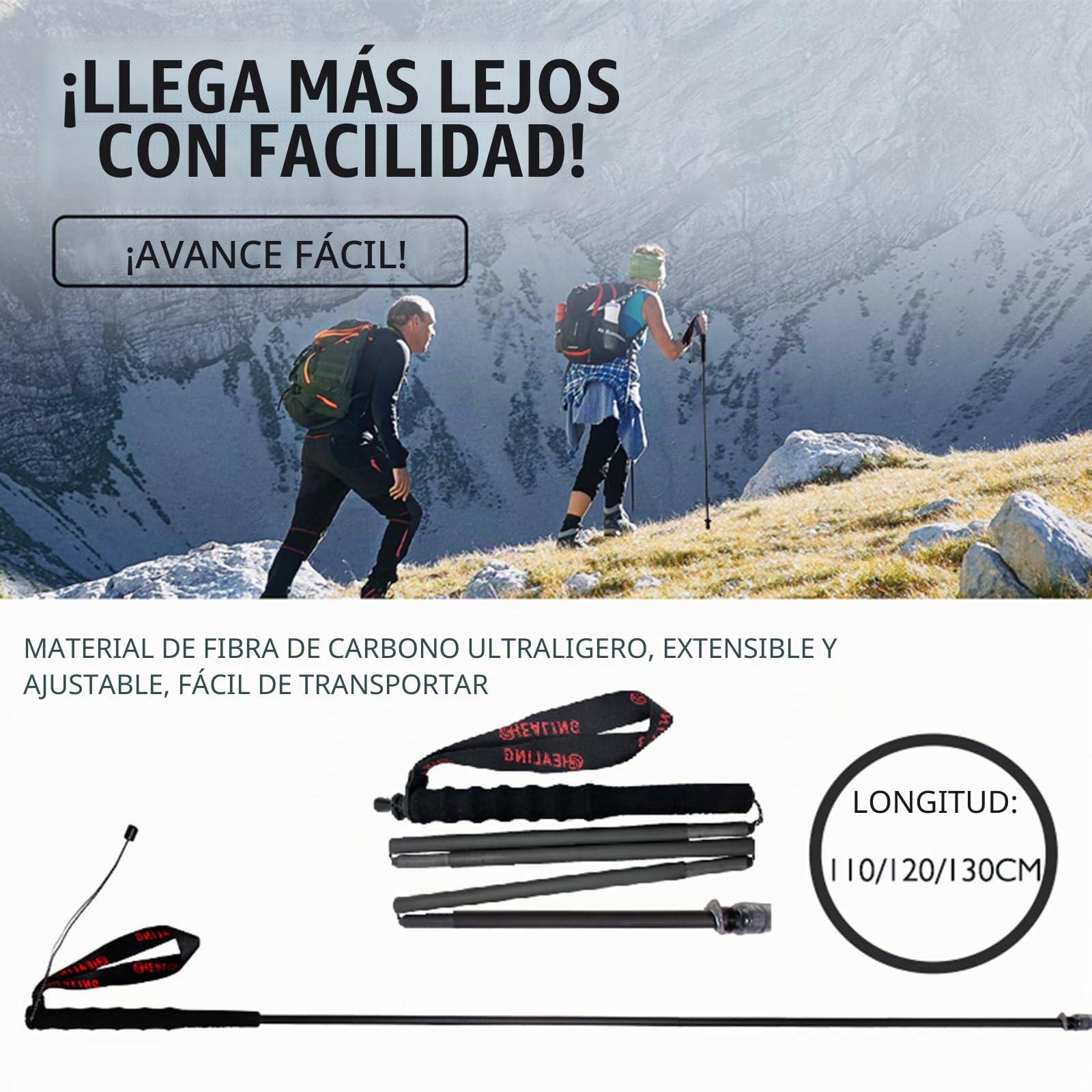 Bastón de senderismo de fibra de carbono, plegable, ultraligero, bastón de senderismo para entusiastas del montañismo, adecuado para viajes, camping, senderismo, 3