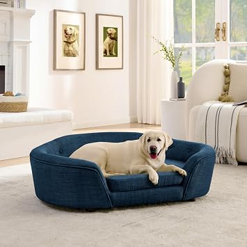 Large Dog Couch,Dog Sofa with Oval Semi-Enclosed,Durable Linen Material Pet Sofa Ded with Soft Foam Cushion,Button-Tufted Backrest Dark Blue,43