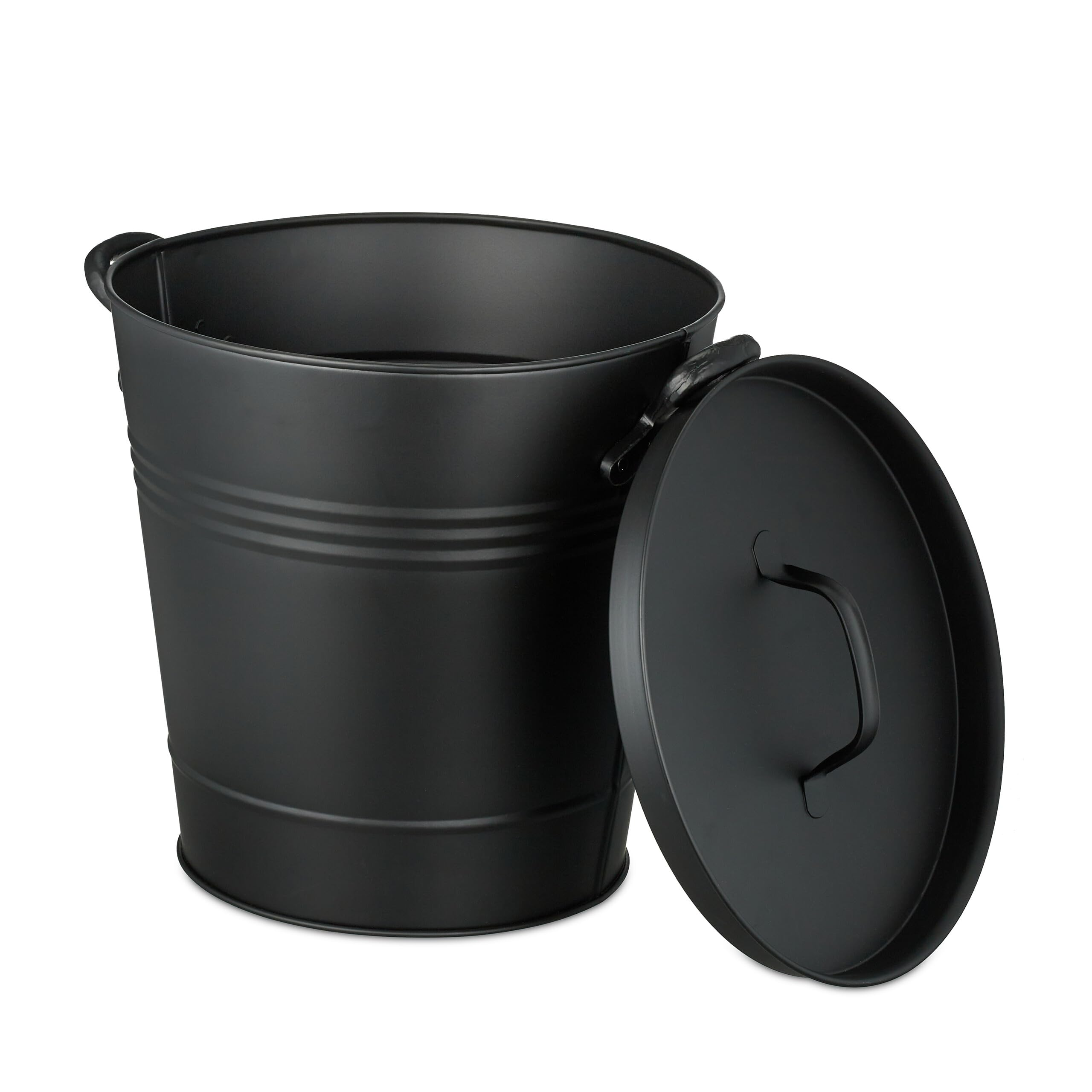 Relaxdays Black Bucket, With Lid, 19 Litres, Bin With Leather Handle, For Coal & Ash, Fireplace, Grill & Stove, Iron, Xl, 33 X 37.5 X 31 Cm