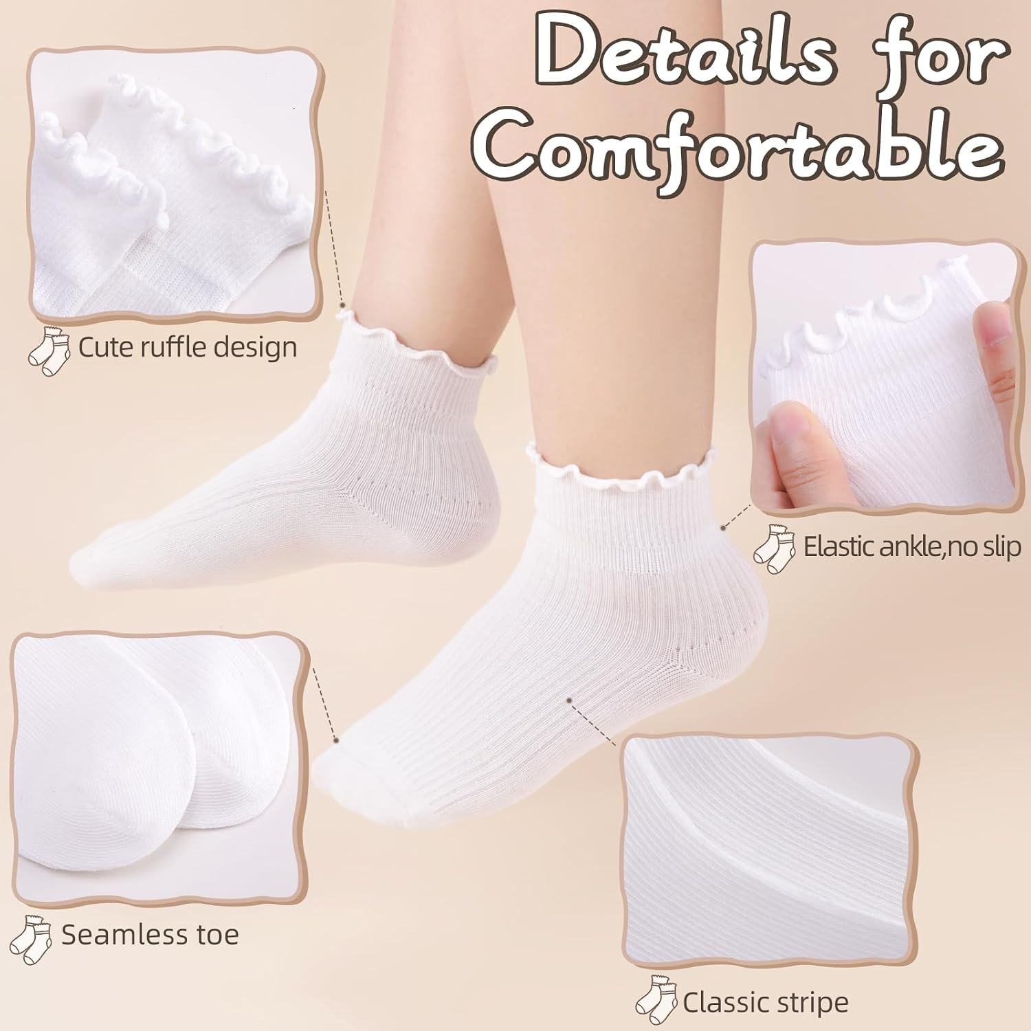 6 Pairs Girls Ruffle Socks Toddler Kids School Uniform Soft Cotton Frilly Dress Socks Seamless Toe