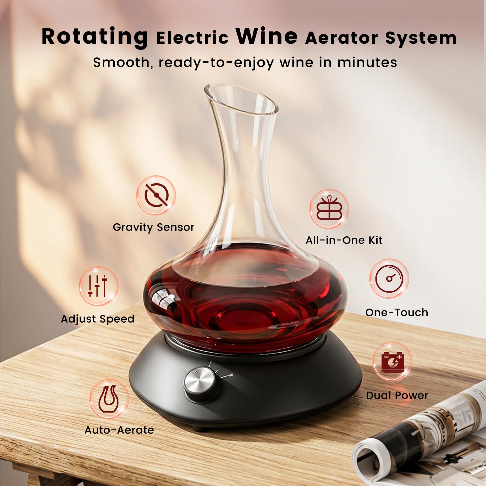 Carafe à vin noire avec shaker électrique, aérateur de vin à rotation automatique.
