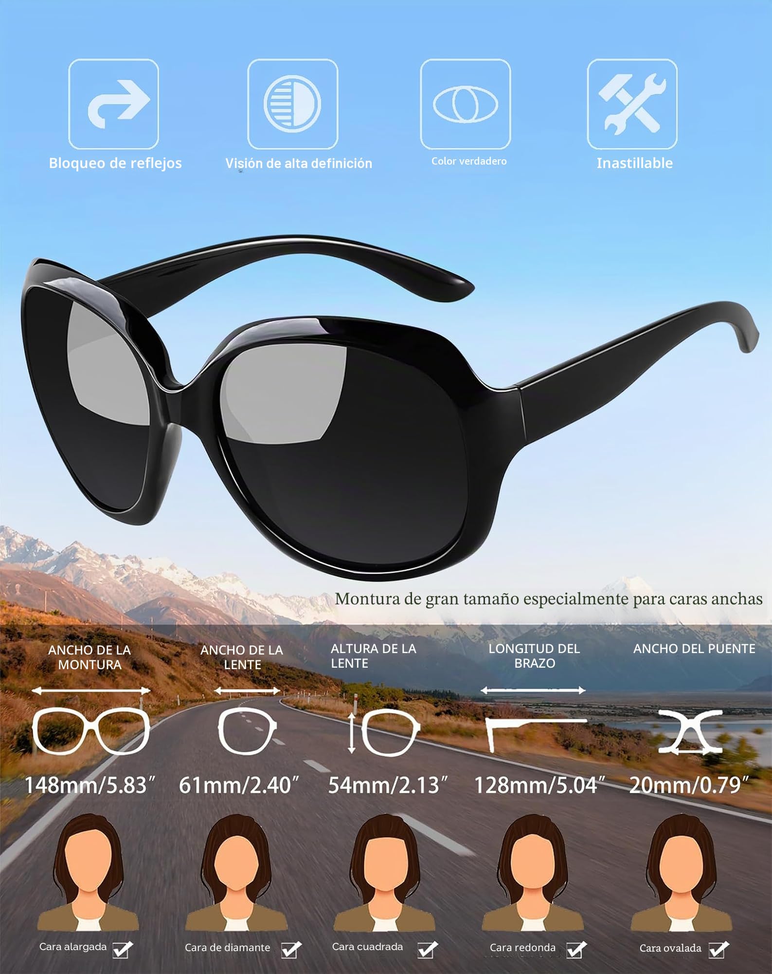 Joopin Gafas de Sol Mujer Grandes Polarizadas Modernas Elegantes Gran Tamaño Protección UV400 para Conducción Viajes Playa