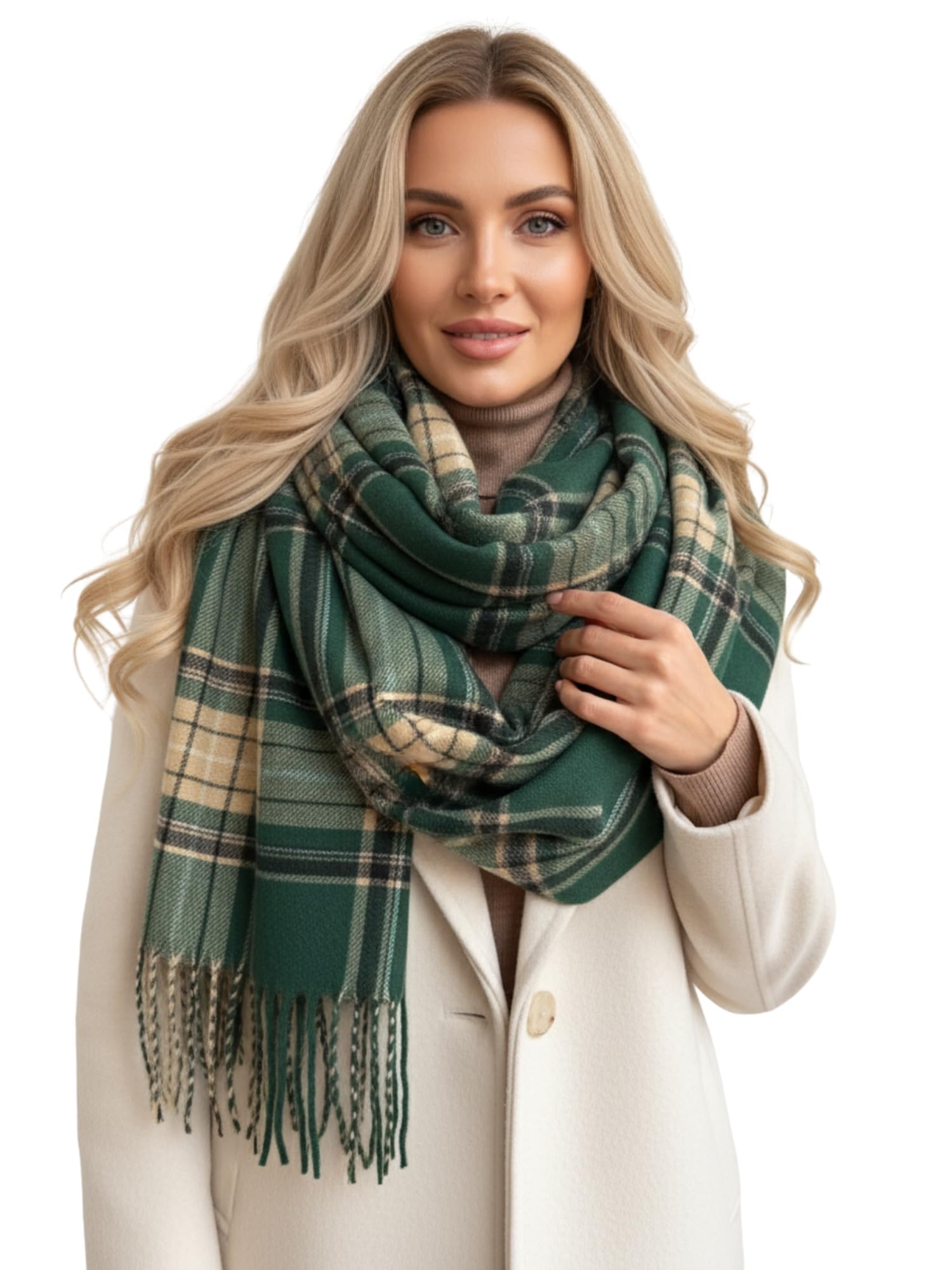 The Accessory Co. Tartan Scarf for Women, Checked Shawl Wrap, Long & Large Warm Cashmere Winter Scarves, Plaid Ladies Blanket Scarf - Gift for Women, Womens Gifts (Green & Beige)