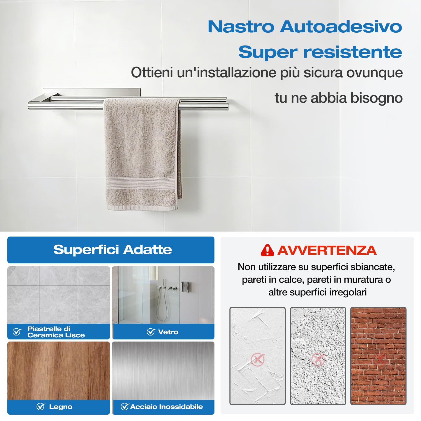 Portasciugamani Senza Foratura, in Acciaio Inox SUS304 Autoadesivo (39 cm), Barra Portasciugamani da Bagno a 2 Bracci, Tenuta Extra-Forte, Porta Asciugamani Adesivo Antiruggine per Bagni