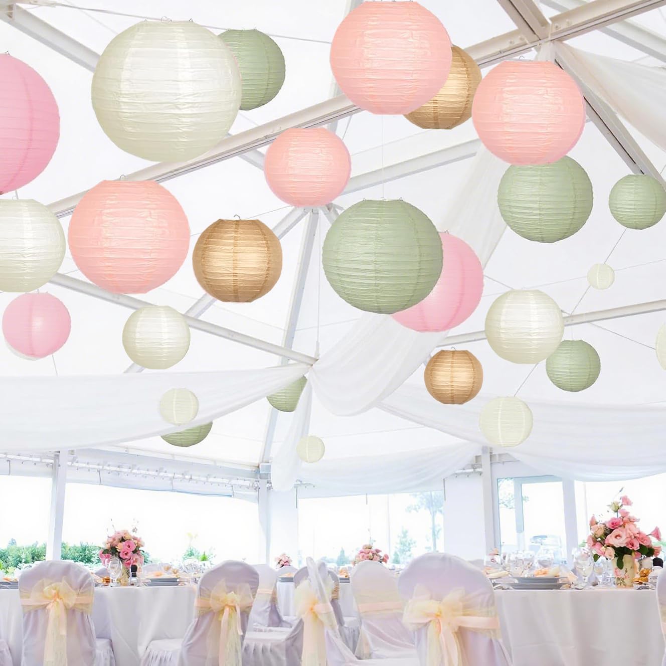 Sage Green Pink Paper Lanterns Decorative 12pcs Wedding Hanging Decorations for Bridal Shower Birthday Rustic Party Neutral Baby Shower Sage Green Home Decor